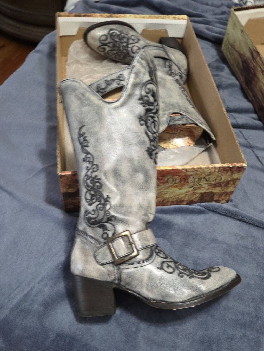 BOX KEPT-Old Gringo Gray with Black Embroidery Western Heeled Boots - Picture 6 of 9